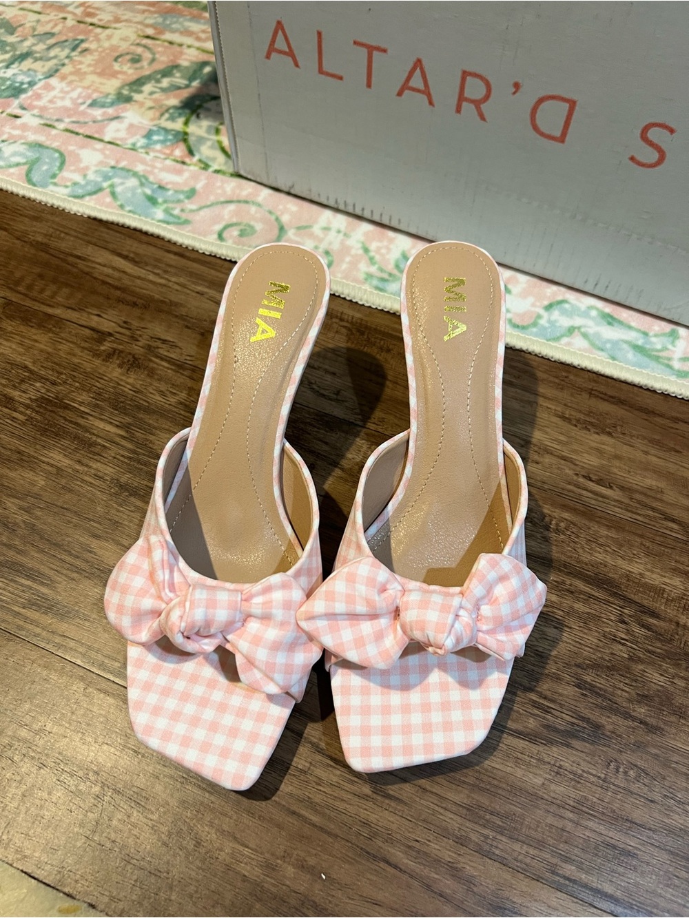 MIA Pink Gingham Bow Slide Mules